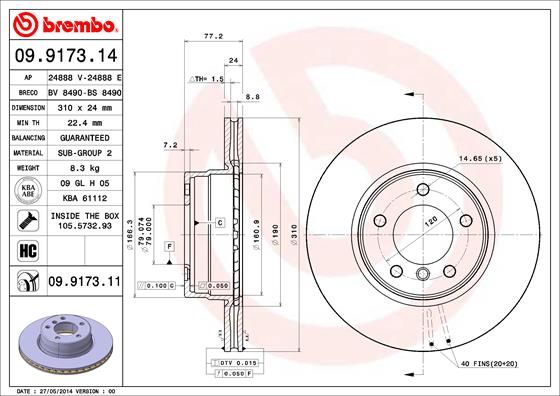BREMBO COATED DISC LINE 09.9173.11 Brake Disc for BMW 5 Series Internally Vented, Coated, High-carbon, with bolts/screws