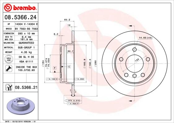 BREMBO 08.5366.24 Brake Disc for BMW 3 Series Solid, with bolts/screws